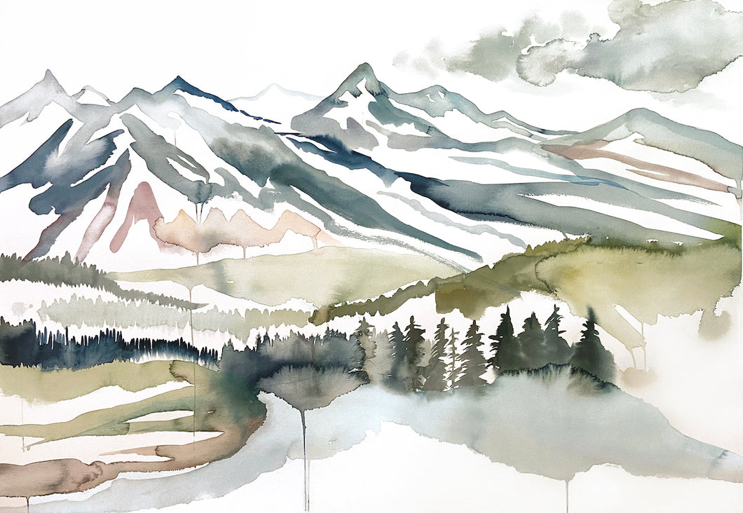 Original watercolor abstract landscape painting of Colorado mountains in an ethereal, expressive, impressionist, minimalist, modern style by contemporary fine artist Elizabeth Becker