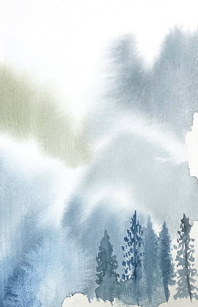 5” x 7” original watercolor abstract landscape painting in an ethereal, expressive, impressionist, minimalist, modern style by contemporary fine artist Elizabeth Becker