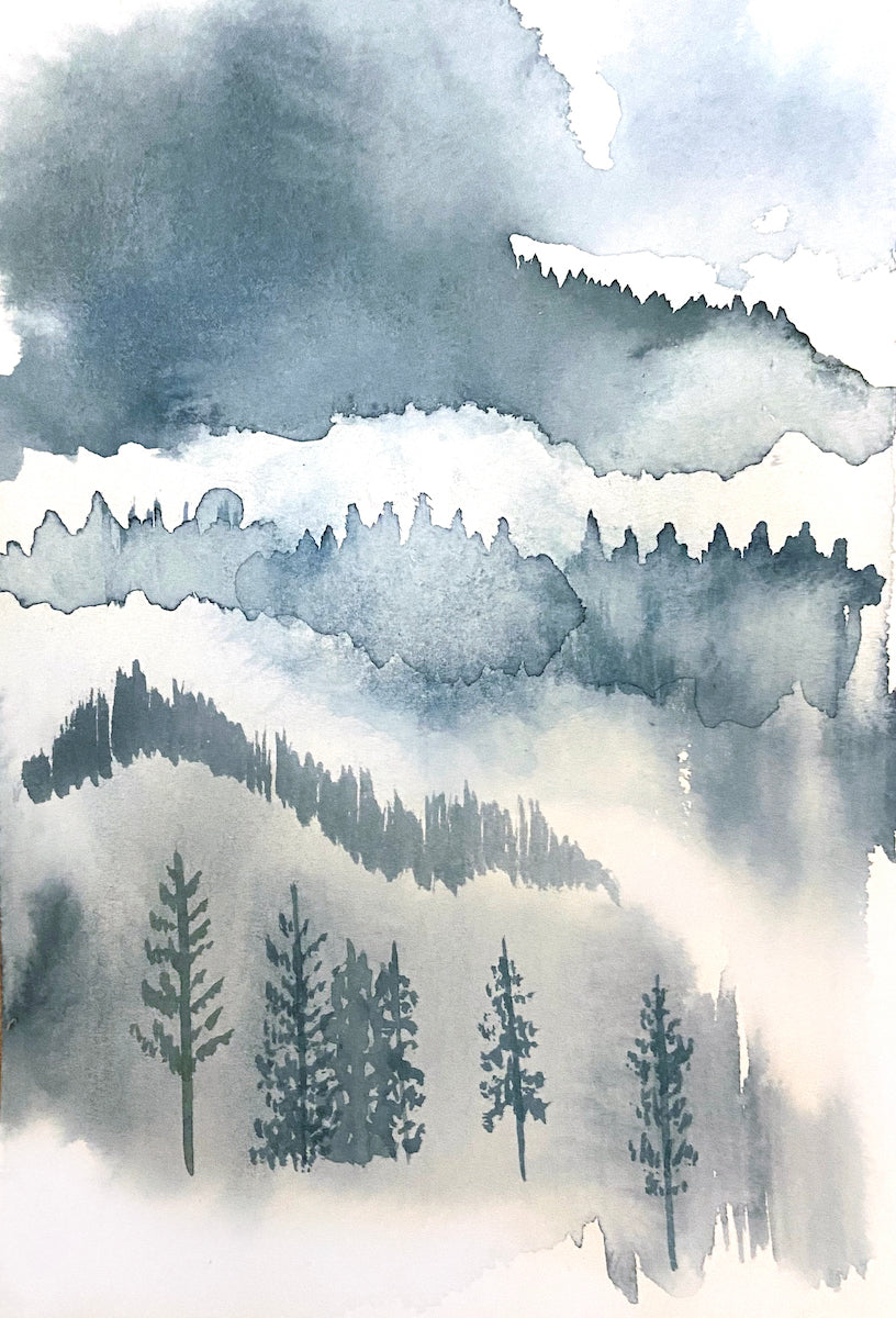 5” x 7” original watercolor abstract landscape painting in an ethereal, expressive, impressionist, minimalist, modern style by contemporary fine artist Elizabeth Becker
