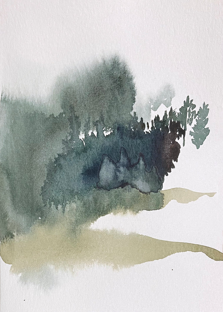 5” x 7” original watercolor abstract landscape painting in an ethereal, expressive, impressionist, minimalist, modern style by contemporary fine artist Elizabeth Becker