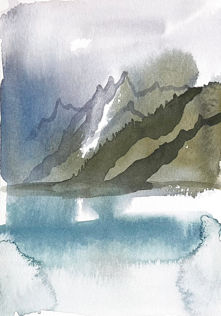 5” x 7” original watercolor abstract landscape painting in an ethereal, expressive, impressionist, minimalist, modern style by contemporary fine artist Elizabeth Becker