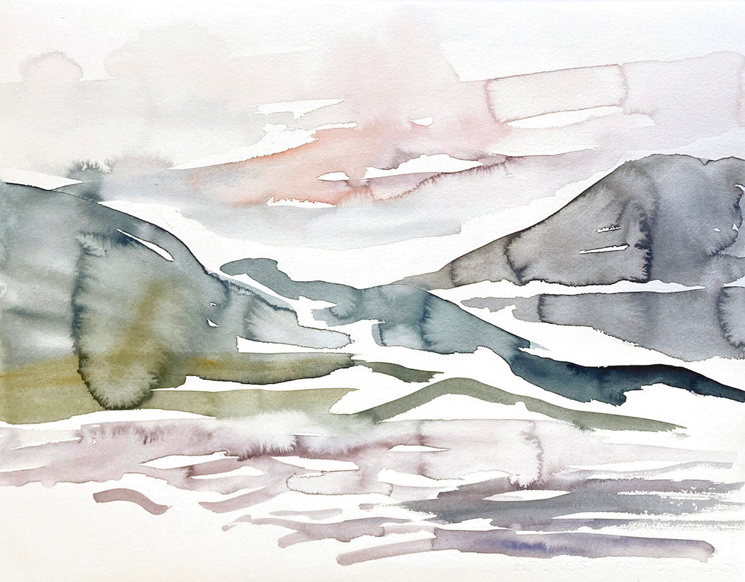 16” x 20” original watercolor abstract landscape painting in an expressive, impressionist, minimalist, modern style by contemporary fine artist Elizabeth Becker