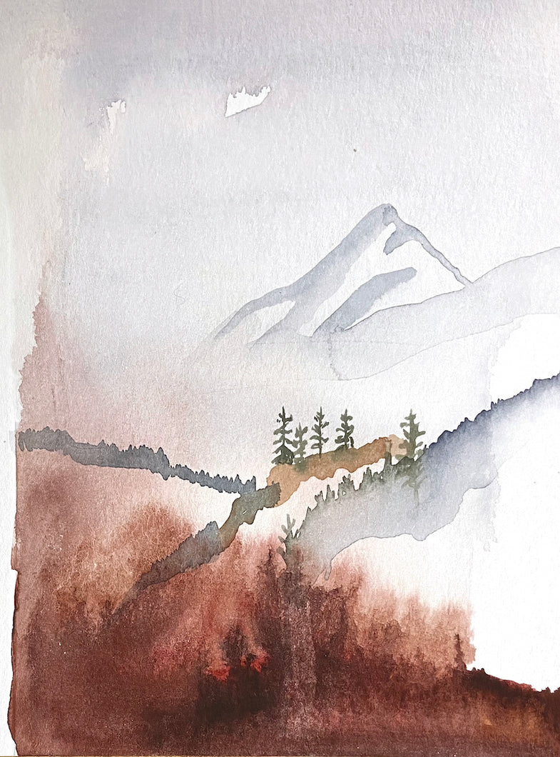 5” x 7” original watercolor abstract landscape painting in an ethereal, expressive, impressionist, minimalist, modern style by contemporary fine artist Elizabeth Becker