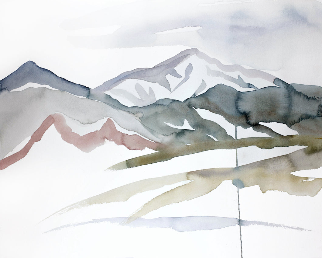 16” x 20” original watercolor abstract landscape painting in an expressive, impressionist, minimalist, modern style by contemporary fine artist Elizabeth Becker