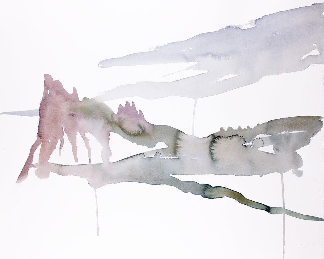 16” x 20” original watercolor abstract landscape painting in an expressive, impressionist, minimalist, modern style by contemporary fine artist Elizabeth Becker