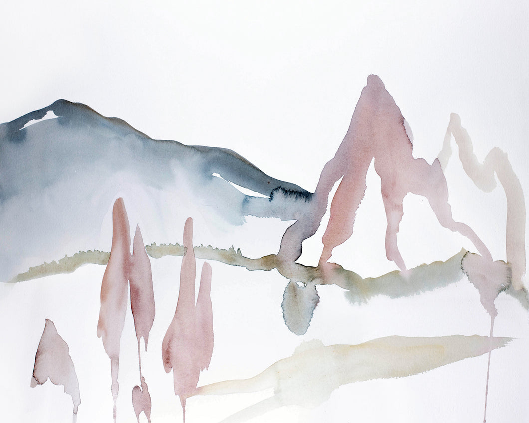 16” x 20” original watercolor abstract landscape painting in an expressive, impressionist, minimalist, modern style by contemporary fine artist Elizabeth Becker
