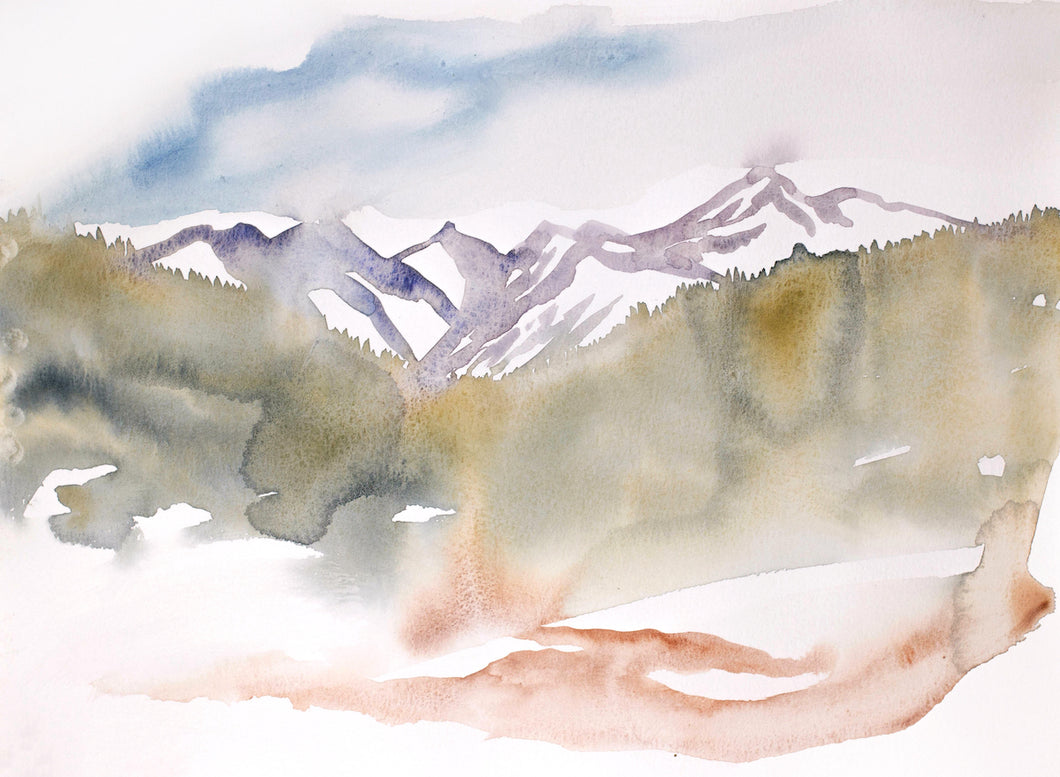 11” x 15” original watercolor abstract landscape painting in an ethereal, expressive, impressionist, minimalist, modern style by contemporary fine artist Elizabeth Becker
