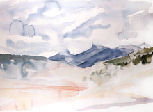 Load image into Gallery viewer, 22” x 30” original watercolor abstract Colorado mountains landscape painting, in an expressive, impressionist, minimalist, modern style by contemporary fine artist Elizabeth Becker. 
