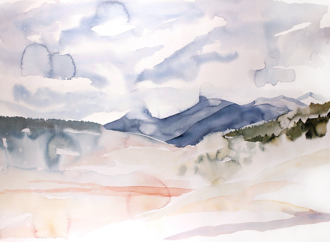 22” x 30” original watercolor abstract Colorado mountains landscape painting, in an expressive, impressionist, minimalist, modern style by contemporary fine artist Elizabeth Becker. 