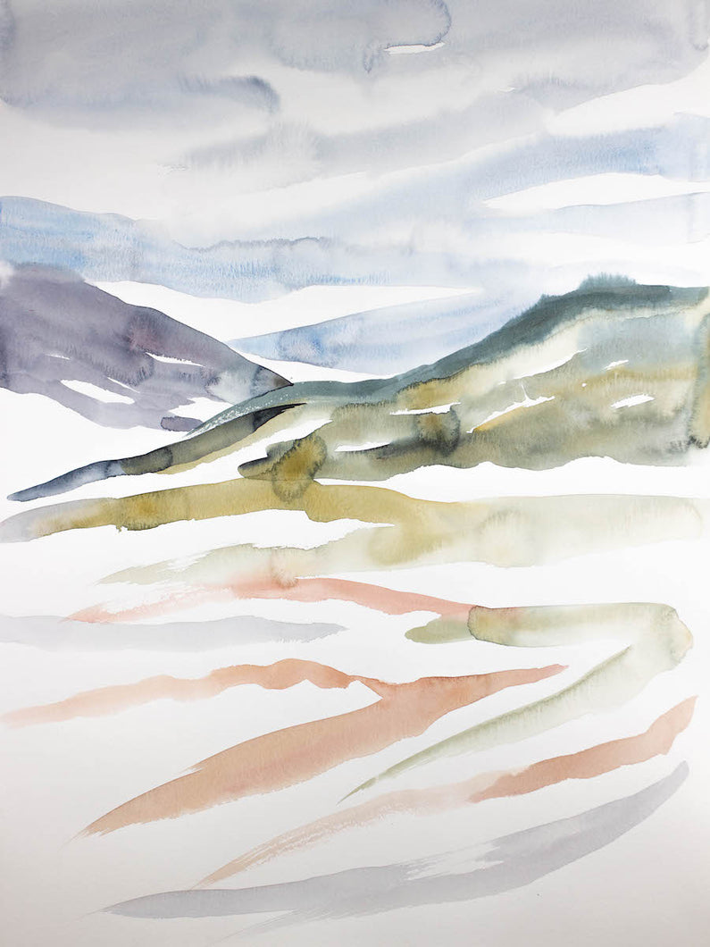 18” x 24” original watercolor abstract landscape painting in an ethereal, expressive, impressionist, minimalist, modern style by contemporary fine artist Elizabeth Becker