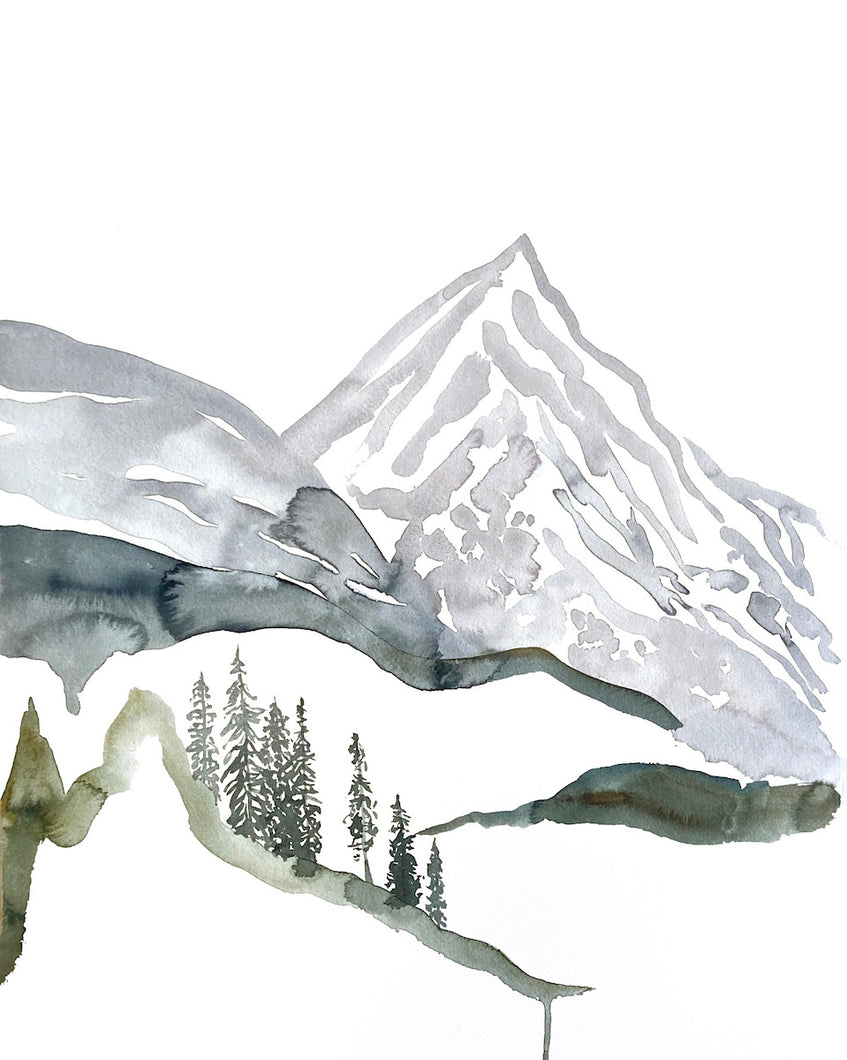 16” x 20” original watercolor abstract landscape painting in an expressive, impressionist, minimalist, modern style by contemporary fine artist Elizabeth Becker