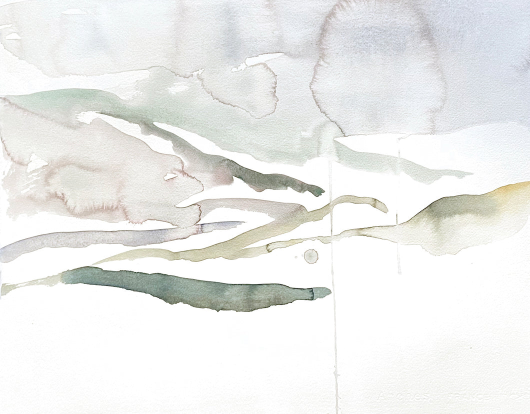 16” x 20” original watercolor abstract landscape painting in an expressive, impressionist, minimalist, modern style by contemporary fine artist Elizabeth Becker
