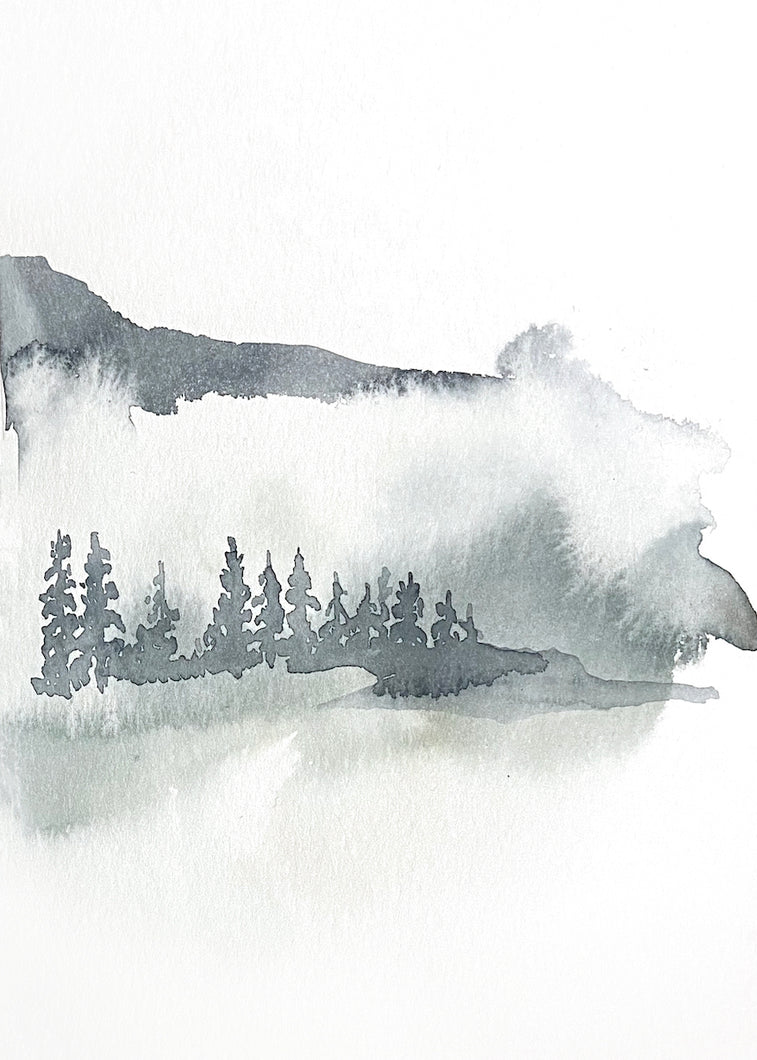 5” x 7” original watercolor abstract landscape painting in an ethereal, expressive, impressionist, minimalist, modern style by contemporary fine artist Elizabeth Becker