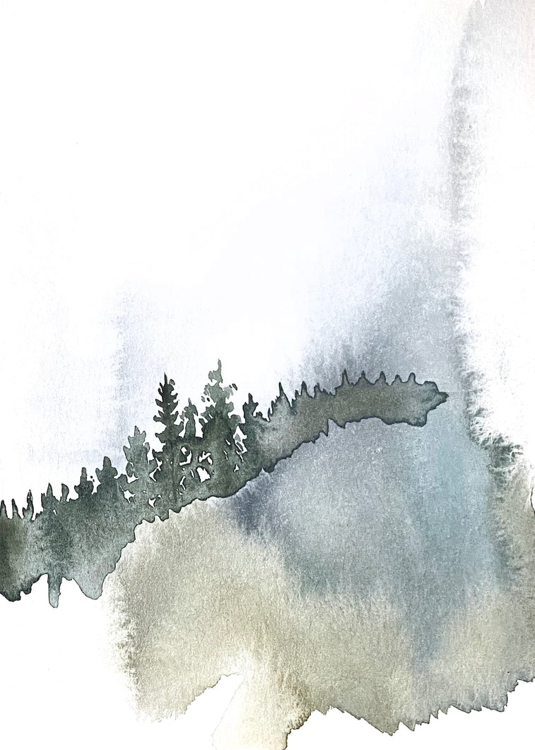 5” x 7” original watercolor abstract landscape painting in an ethereal, expressive, impressionist, minimalist, modern style by contemporary fine artist Elizabeth Becker