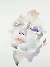 Load image into Gallery viewer, 9&quot; x 12&quot; original watercolor abstract portrait painting in an ethereal, expressive, impressionist, minimalist, modern style by contemporary fine artist Elizabeth Becker. Soft peach, pink, gray, lavender purple and white colors.
