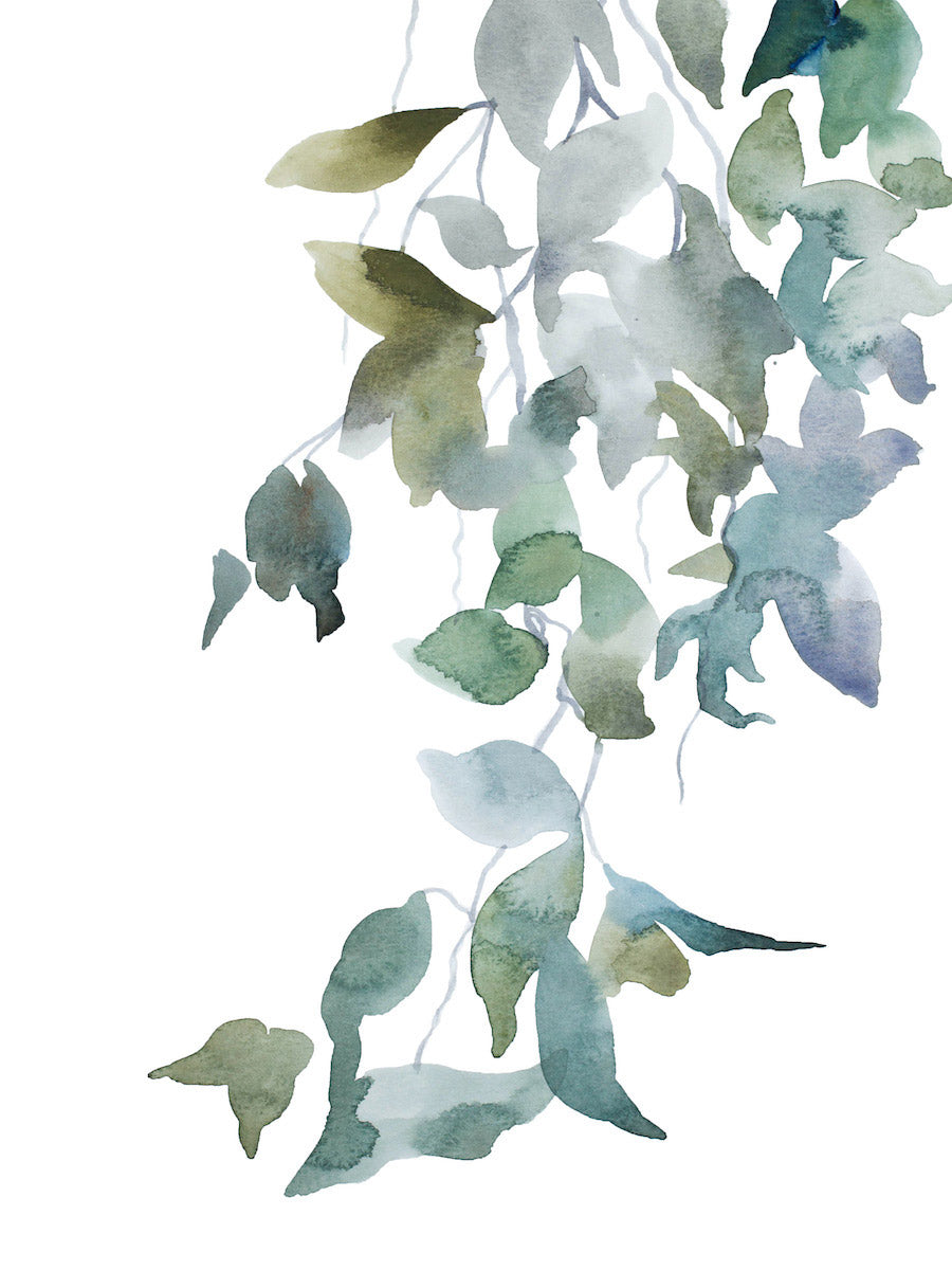 9” x 12” original watercolor botanical nature painting of tree branches and leaves in an expressive, impressionist, minimalist, modern style by contemporary fine artist Elizabeth Becker. Ethereal, soft, monochromatic blue green gold and white colors.