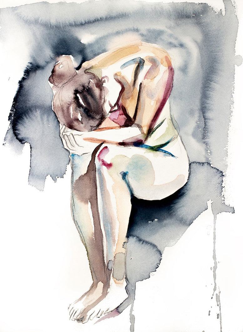 11” x 15” original watercolor nude emotional figure painting of in an expressive, impressionist, minimalist, modern style by contemporary fine artist Elizabeth Becker