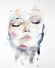 Load image into Gallery viewer, 16&quot; x 20&quot; original watercolor abstract portrait painting in an ethereal, expressive, impressionist, minimalist, modern style by contemporary fine artist Elizabeth Becker. Soft pink, peach, gold, gray, black and white colors.
