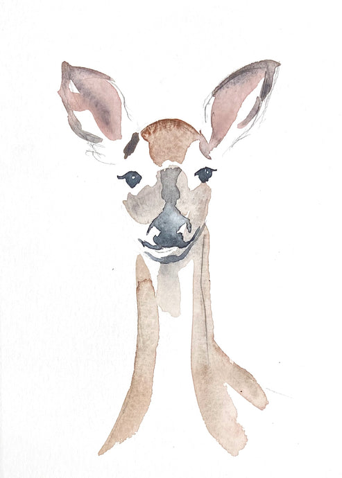 5” x 7” original watercolor deer painting in an ethereal, expressive, impressionist, minimalist, modern style by contemporary fine artist Elizabeth Becker