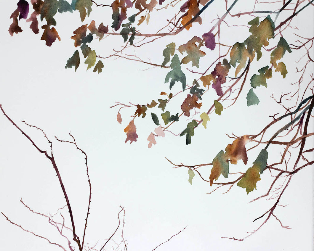 16” x 20” original watercolor botanical nature painting of autumn leaves and branches in an expressive, impressionist, minimalist, modern style by contemporary fine artist Elizabeth Becker. Neutral muted soft monochromatic purple, green and gold colors.