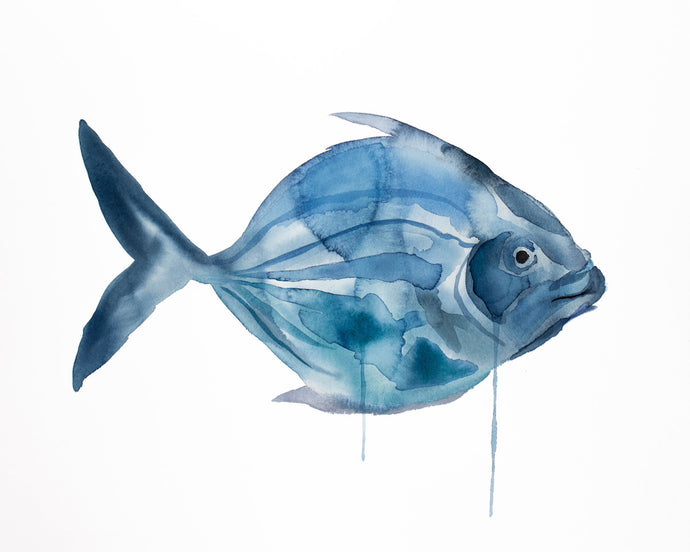 16” x 20” original watercolor blue fish painting in an expressive, impressionist, minimalist, modern style by contemporary fine artist Elizabeth Becker. 
