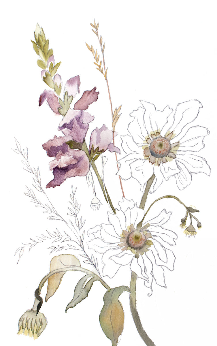 9.75” x 16” original watercolor botanical floral bouquet painting in an expressive, impressionist, minimalist, modern style by contemporary fine artist Elizabeth Becker. Mauve purple snapdragons and white dahlias. 