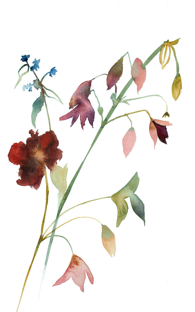 10” x 16” original watercolor botanical floral painting in an expressive, impressionist, minimalist, modern style by contemporary fine artist Elizabeth Becker