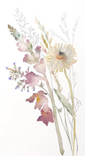 Load image into Gallery viewer, 9.75” x 16” original watercolor botanical floral bouquet painting in an expressive, impressionist, minimalist, modern style by contemporary fine artist Elizabeth Becker. Mauve purple snapdragons and pale yellow daisy.
