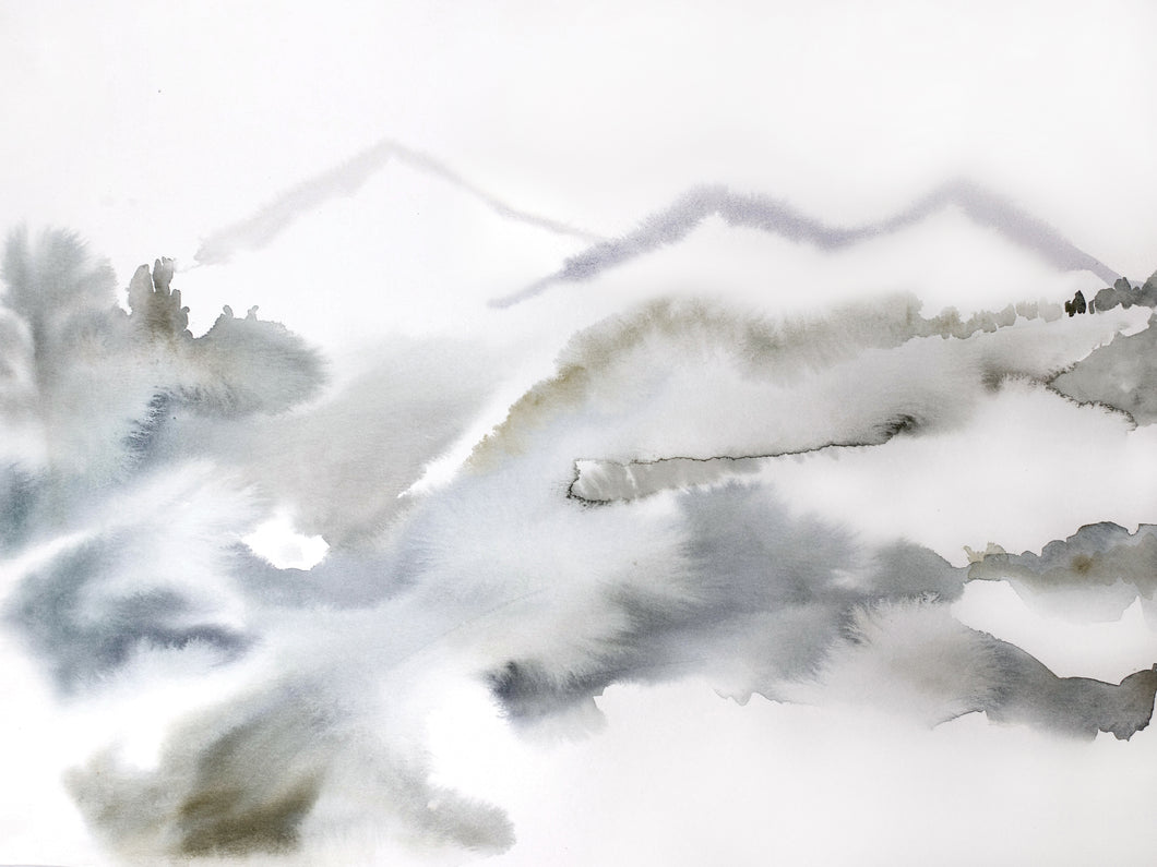 18” x 24” original watercolor abstract landscape painting in an ethereal, expressive, impressionist, minimalist, modern style by contemporary fine artist Elizabeth Becker