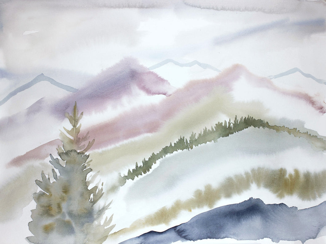 18” x 24” original watercolor abstract foggy mountain landscape painting in an ethereal, expressive, impressionist, minimalist, modern style by contemporary fine artist Elizabeth Becker