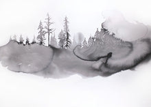 Load image into Gallery viewer, 22” x 30” original black and white ink painting of abstract trees foggy landscape, in an expressive, impressionist, minimalist, modern style by contemporary fine artist Elizabeth Becker. 

