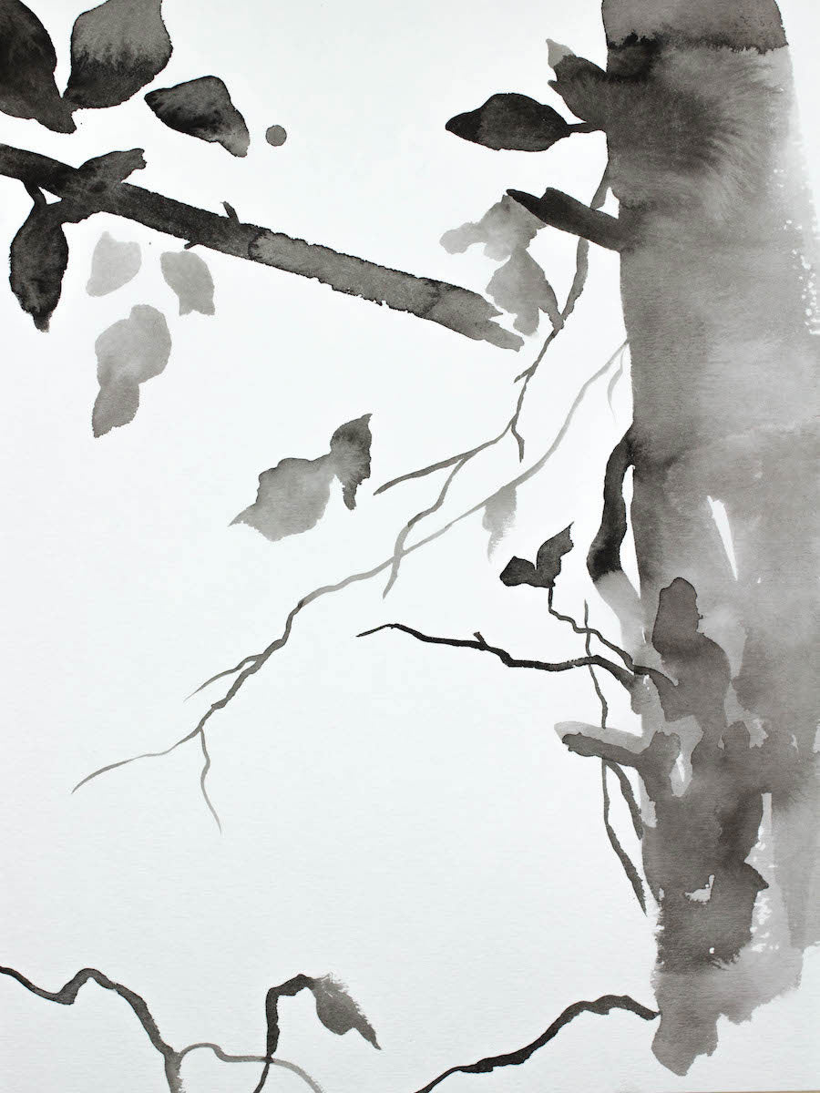 9” x 12” black and white original ink painting of tree branches and leaves in an expressive, impressionist, minimalist, modern style by contemporary fine artist Elizabeth Becker