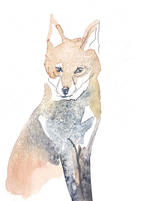5” x 7” original watercolor red fox painting in an ethereal, expressive, impressionist, minimalist, modern style by contemporary fine artist Elizabeth Becker