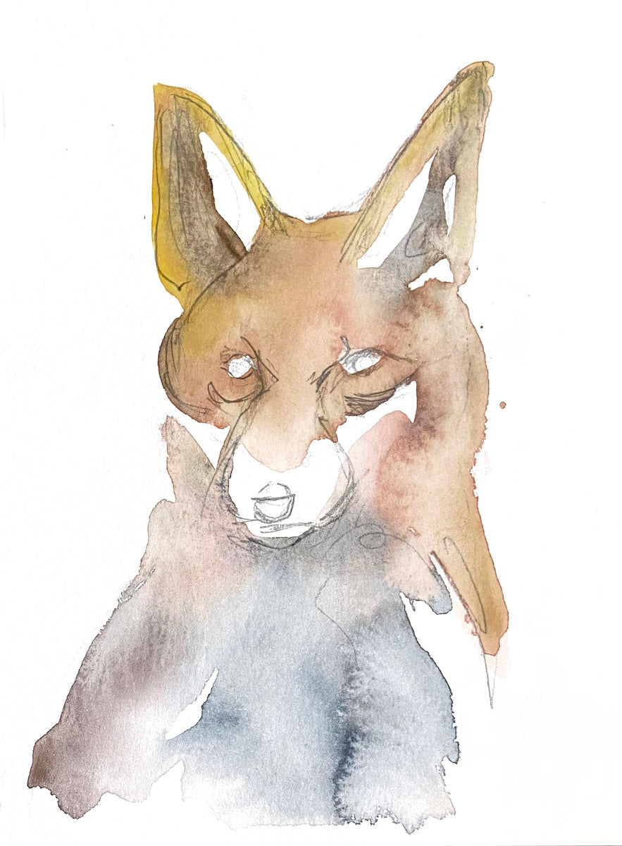 5” x 7” original watercolor red fox painting in an ethereal, expressive, impressionist, minimalist, modern style by contemporary fine artist Elizabeth Becker