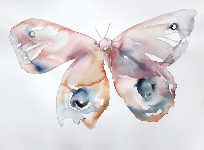 22” x 30” large-scale original watercolor butterfly painting in an expressive, impressionist, minimalist, modern style by contemporary fine artist Elizabeth Becker. Delicate, ethereal, soft pink, peach, mauve purple, blue gray and white colors.