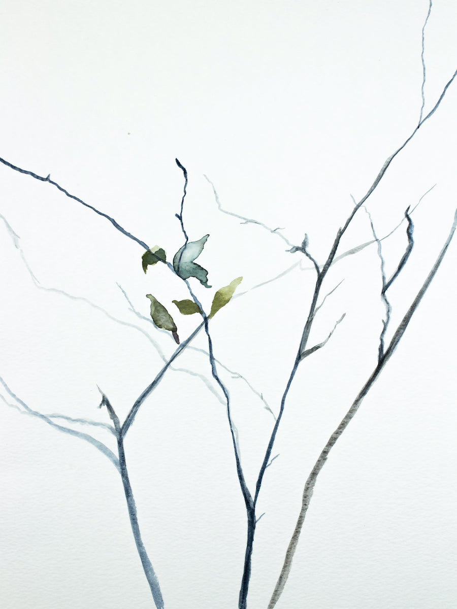 9” x 12” original watercolor botanical nature painting of bare branches and leaves in an ethereal, expressive, impressionist, minimalist, modern style by contemporary fine artist Elizabeth Becker. Soft muted gray, blue green, gold and white colors.