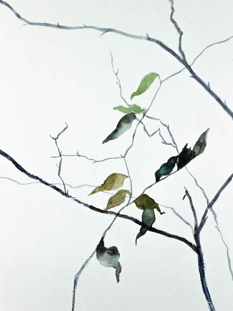9” x 12” original watercolor botanical nature painting of bare branches and leaves in an ethereal, expressive, impressionist, minimalist, modern style by contemporary fine artist Elizabeth Becker. Soft muted blue green, gold, gray, black and white colors.