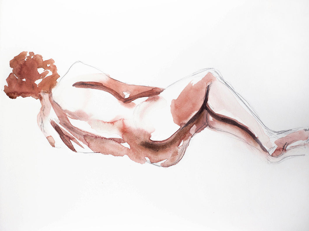 12” x 16” original watercolor reclining nude, sleeping male figure gesture painting in an expressive, impressionist, minimalist, modern style by contemporary fine artist Elizabeth Becker