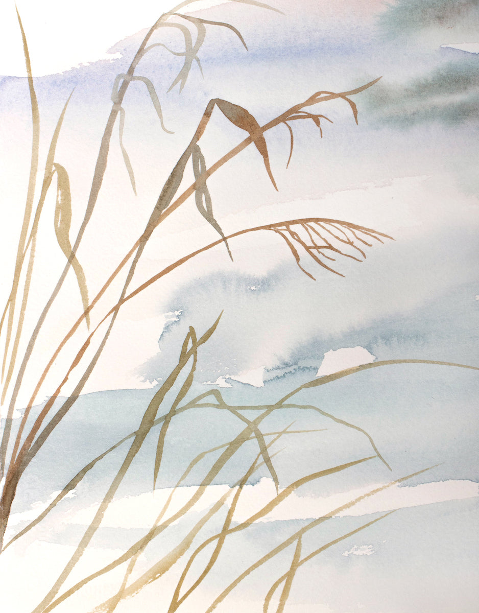 8.25” x 10.5” original watercolor botanical grass painting in an expressive, impressionist, minimalist, modern style by contemporary fine artist Elizabeth Becker