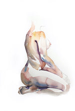 Load image into Gallery viewer, 15&quot; x 22&quot; original watercolor meditative kneeling nude figure painting in an expressive, impressionist, minimalist, modern style by contemporary fine artist Elizabeth Becker
