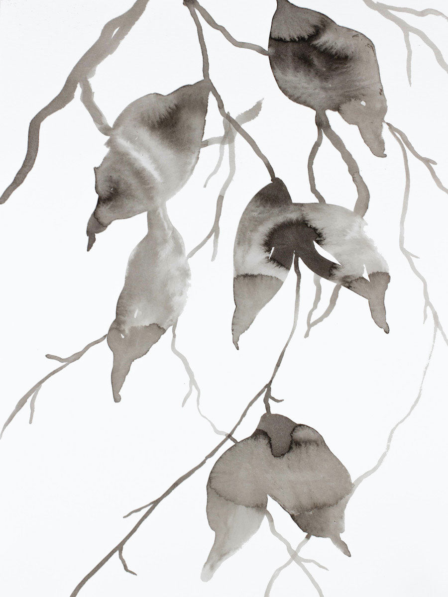 9” x 12” original watercolor ink botanical painting of simple tree branches and leaves in an expressive, impressionist, minimalist, modern style by contemporary fine artist Elizabeth Becker. Monochromatic black, gray and white colors.