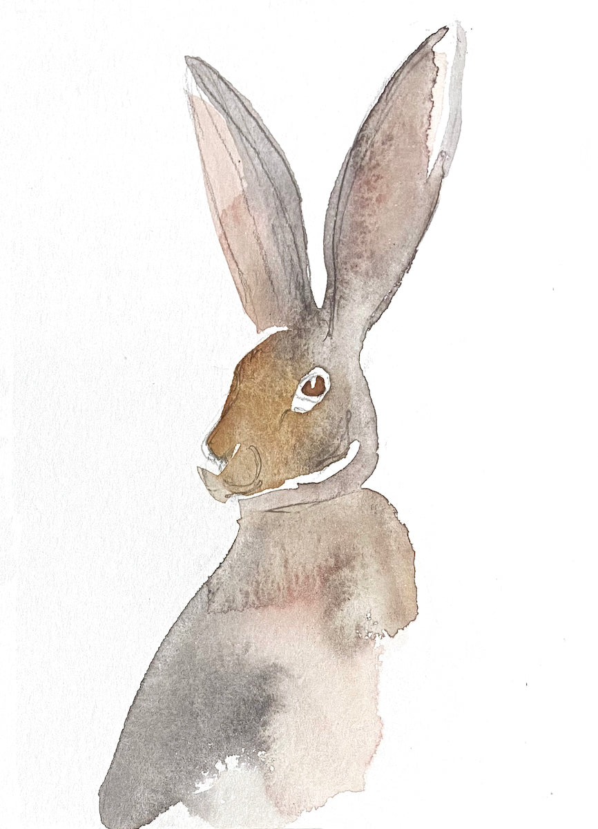 5” x 7” original watercolor hare painting in an ethereal, expressive, impressionist, minimalist, modern style by contemporary fine artist Elizabeth Becker