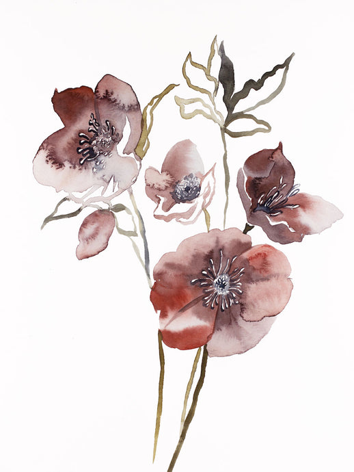 9” x 12” original watercolor botanical hellebore floral painting in an expressive, impressionist, minimalist, modern style by contemporary fine artist Elizabeth Becker. Soft red, mauve purple, olive green, gold and white colors.