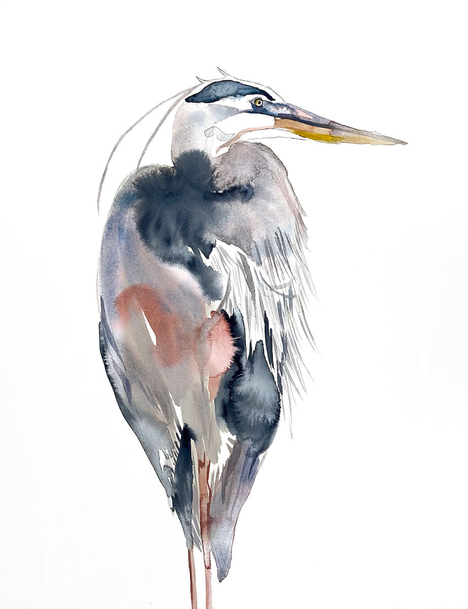 16” x 20” original watercolor wildlife great blue heron, egret or crane painting in an expressive, impressionist, minimalist, modern style by contemporary fine artist Elizabeth Becker