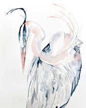 Load image into Gallery viewer, 18” x 24” original watercolor wildlife great blue heron, egret or crane painting in an expressive, impressionist, minimalist, modern style by contemporary fine artist Elizabeth Becker
