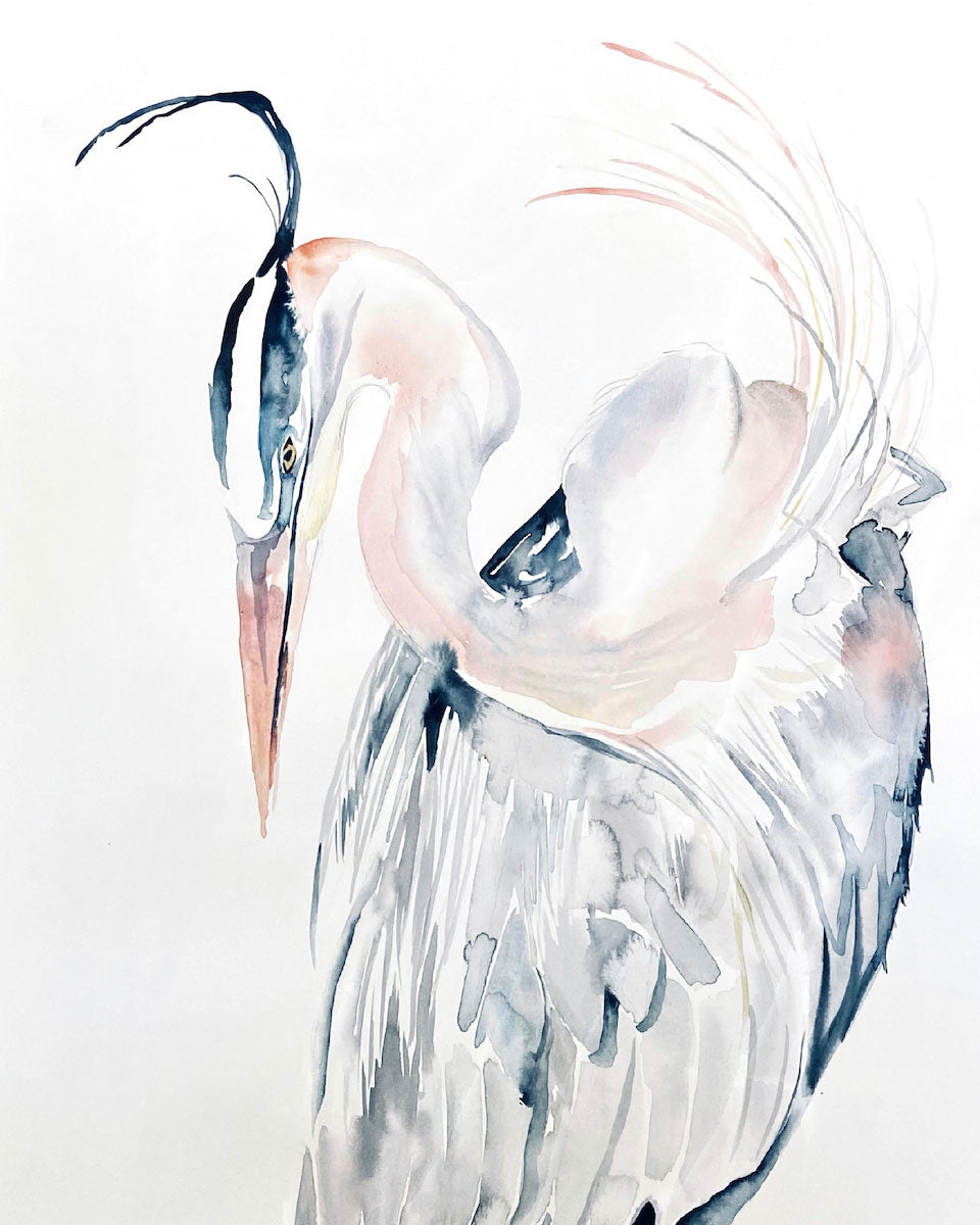 18” x 24” original watercolor wildlife great blue heron, egret or crane painting in an expressive, impressionist, minimalist, modern style by contemporary fine artist Elizabeth Becker