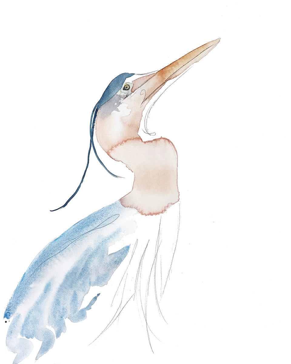 16” x 20” original watercolor wildlife great blue heron, egret or crane painting in an expressive, impressionist, minimalist, modern style by contemporary fine artist Elizabeth Becker