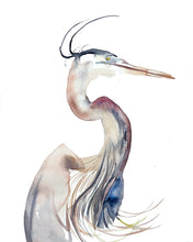 Load image into Gallery viewer, 16” x 20” original watercolor wildlife great blue heron, egret or crane painting in an expressive, impressionist, minimalist, modern style by contemporary fine artist Elizabeth Becker

