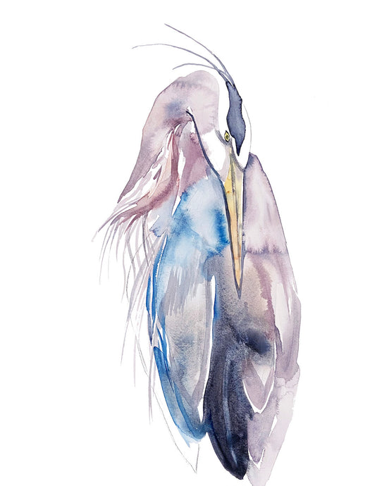 16” x 20” original watercolor wildlife great blue heron, egret or crane painting in an expressive, impressionist, minimalist, modern style by contemporary fine artist Elizabeth Becker