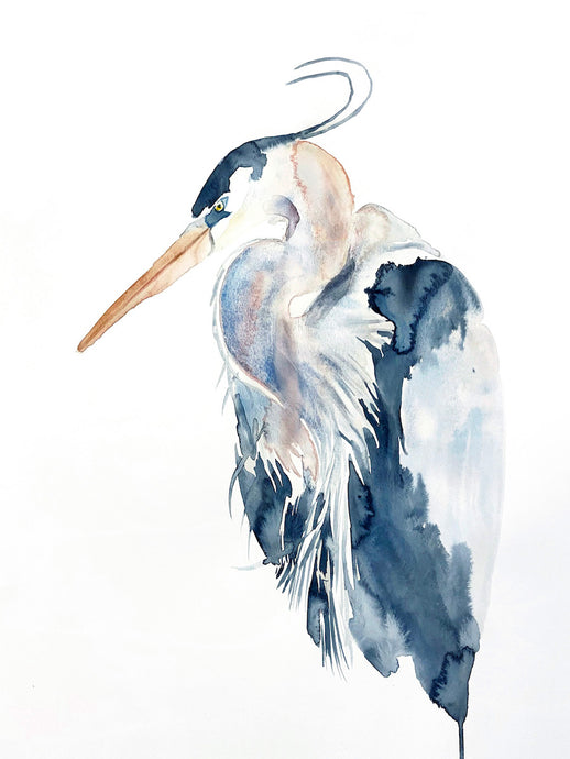 18” x 24” original watercolor wildlife great blue heron, egret or crane painting in an expressive, impressionist, minimalist, modern style by contemporary fine artist Elizabeth Becker